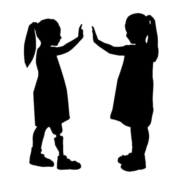 Vector child is a disabled girl with a prosthetic leg and her friend vector silhouette