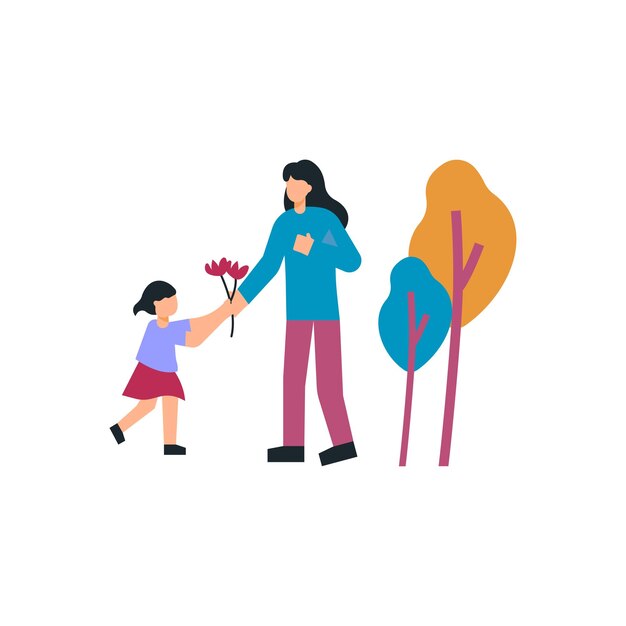 Vector the child is giving flowers to the mother