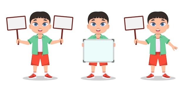 The child is holding a small board. Vector illustration