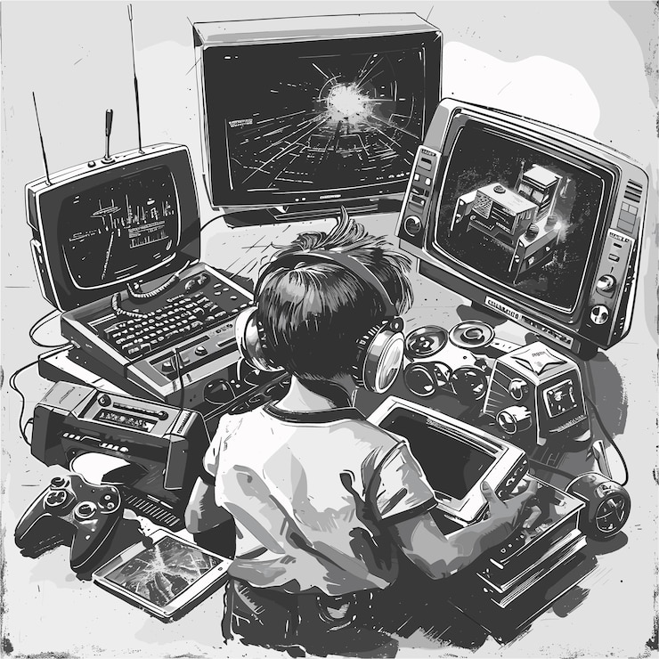 Vector a child is sitting in front of a computer with a bunch of monitors and a keyboard with the word  t  on it