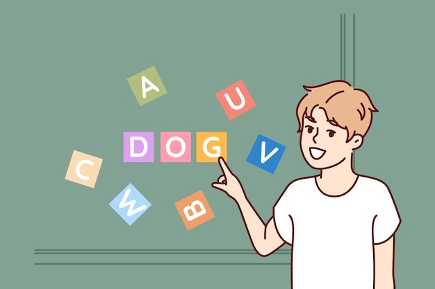 Child is studying letters from alphabet to learn how to read and stands near blackboard pointing finger at word dog Education for children and study alphabet to prepare for entry into school