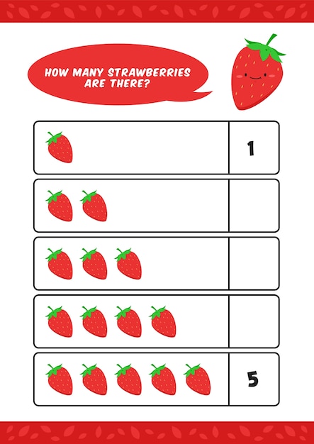 Il conteggio dell'asilo dei bambini del bambino impara il modello del foglio di lavoro con l'illustrazione sveglia della frutta della fragola buona per l'istruzione domestica