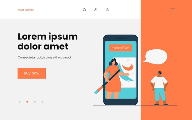 Vettore bambino che impara il disegno online. illustrazione piatta. cartone animato ragazzo dalla pelle scura che guarda la master class d'arte con l'insegnante su uno smartphone gigante