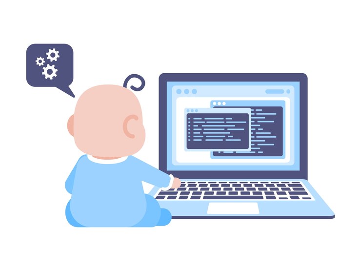 Vector child learning and using computer concept illustration