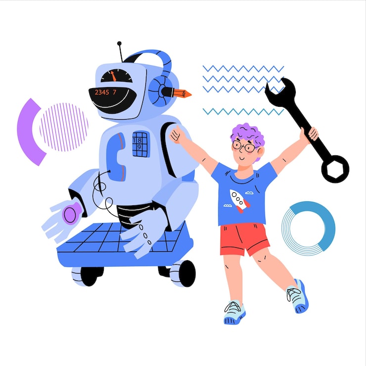 Vector 어린이는 로봇 공학을 배우고 로봇을 프로그래밍합니다. 프로그래밍 및 로봇 공학 수업