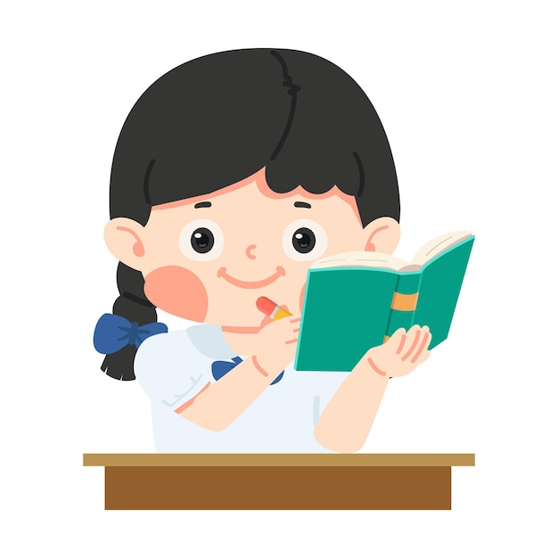 child lifts a book to write