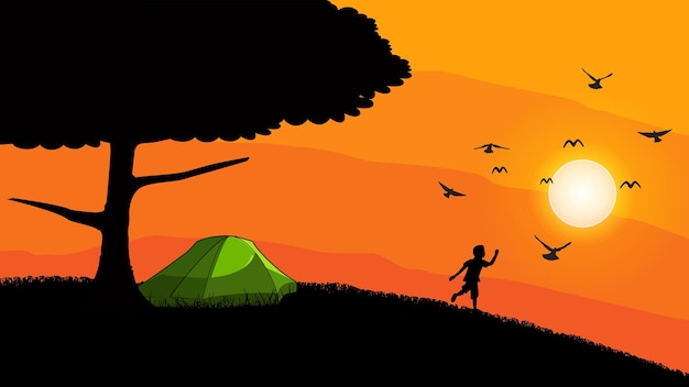 child looking birds silhouette in sunset sky. Vector illustration