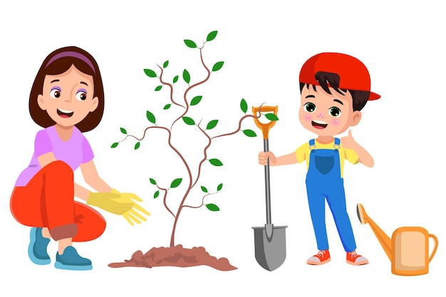 苗木を植える子供と母親