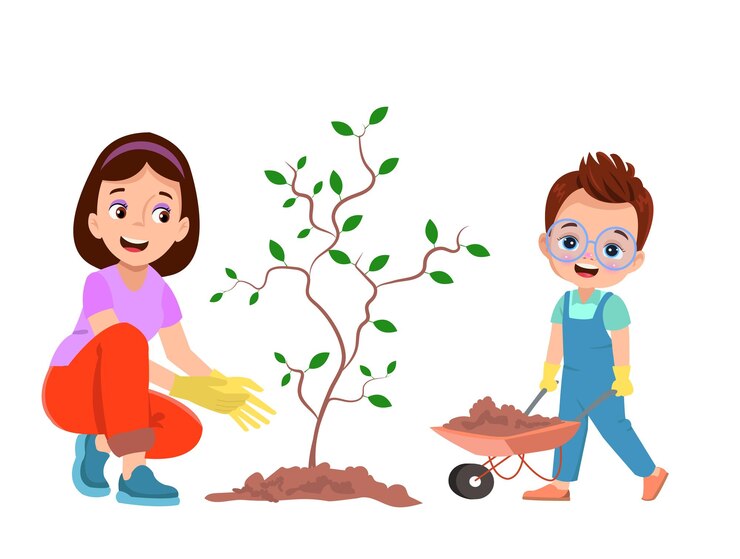 Vector child and mother planting a sapling