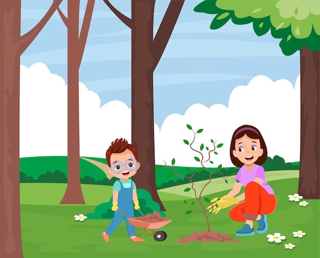 child and mother planting a sapling