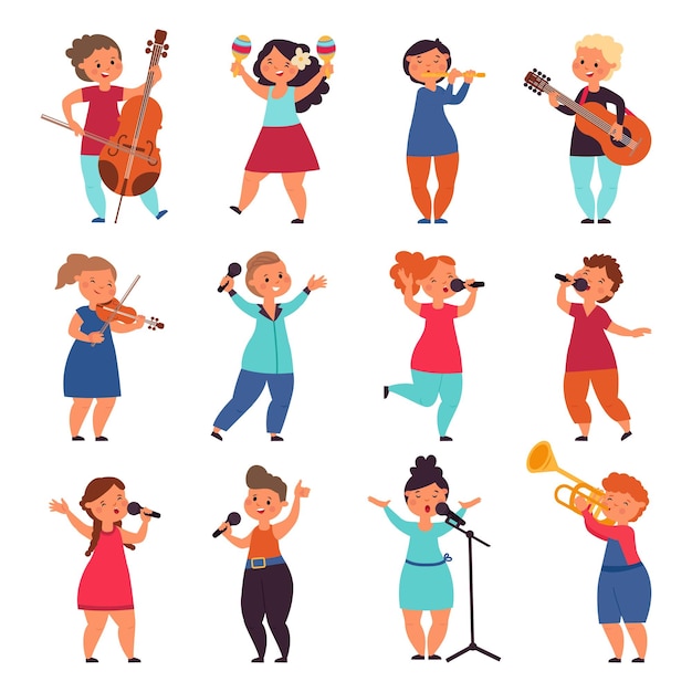 Child musicians children play instruments music kids group isolated cartoon musical concert characters talent kid singer decent vector set