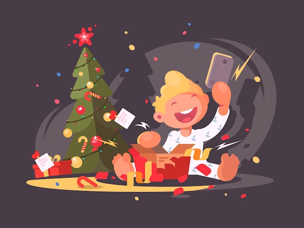 Child opens Christmas present. Smartphone in gift box. Vector illustration