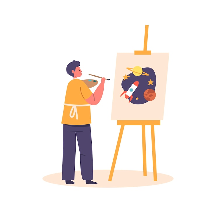 Vector child painting space and rocket on easel little boy character drawing in artist studio or art school create pictures