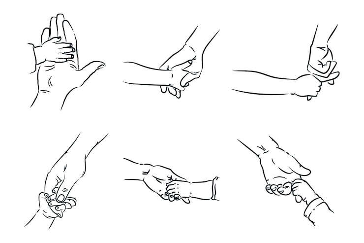 Vector child and parent hands hold each other hand drawn line sketch collection vector icon illustration