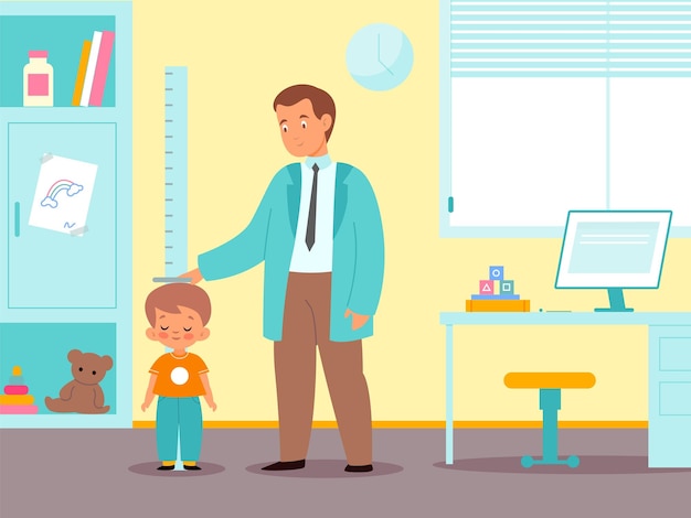Child in pediatrics office Doctor measures boy height Scheduled medical examination Pediatrician consultation Kid at physicians appointment Preventive treatment Vector concept