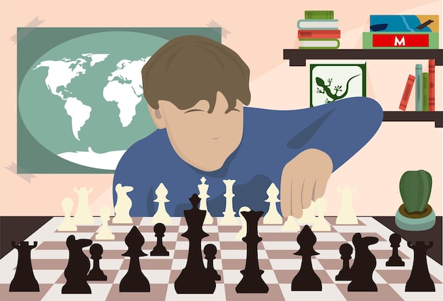 Vector a child playing chess against the background of a world map and board games