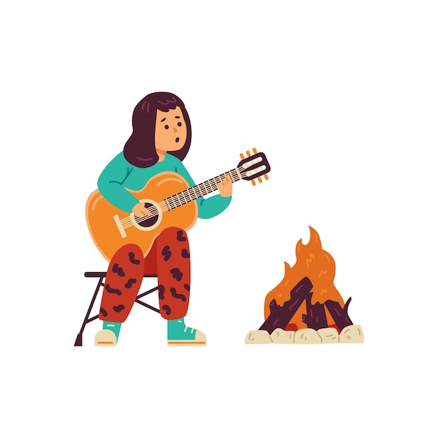 Child playing guitar near bonfire at campsite flat vector illustration isolated