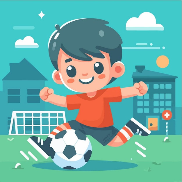 Vector a child playing soccer with a boy wearing an orange shirt