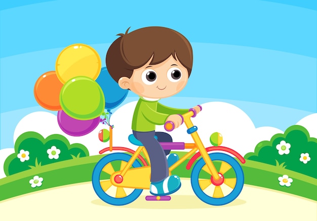 child playing with a bicycle and  balloons 