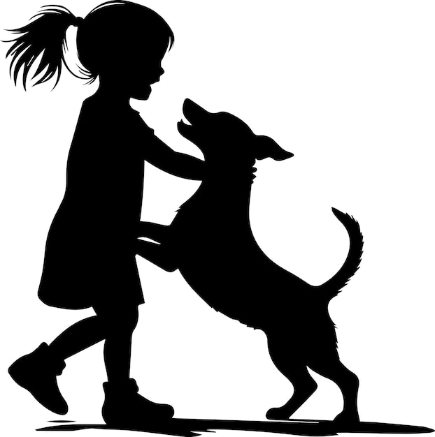 Child playing with dog vector silhouette illustration 5