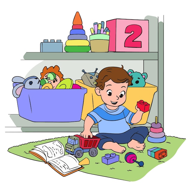 The child plays in the nursery Children s toys and educational activities Vector illustration