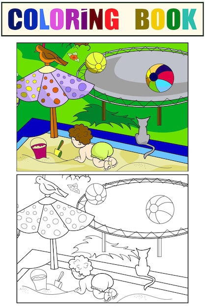 어린이는 샌드박스의 마당에서 놀고 있습니다. 어린이 색칠하기 책과 컬러 그림을 설정합니다.