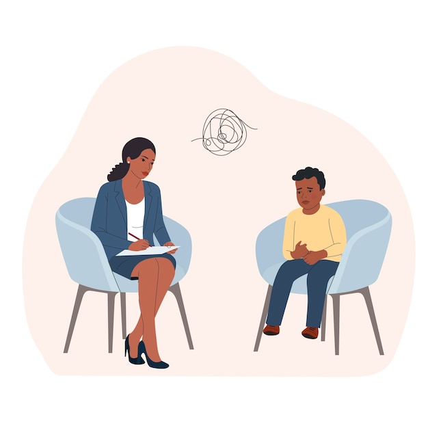 Child psychiatrist work with small Black boy on the chairs Vector flat style illustration