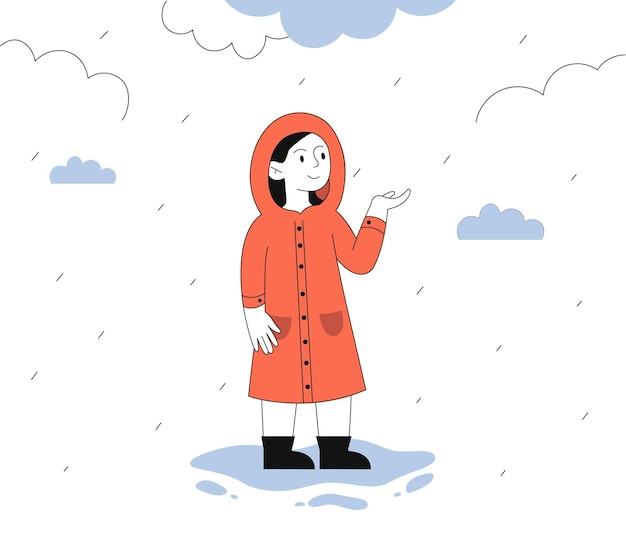 Child in rainy weather line concept girl in red raincoat standing outdoor in fall season happy kid