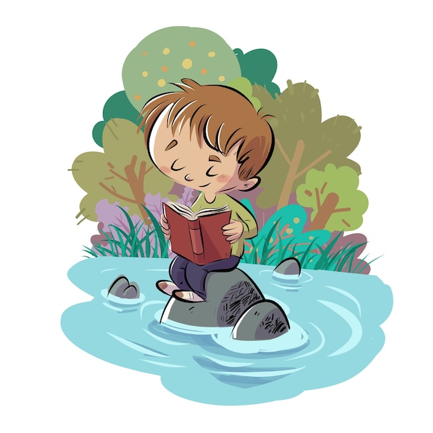 Bambino che legge un libro in un lago