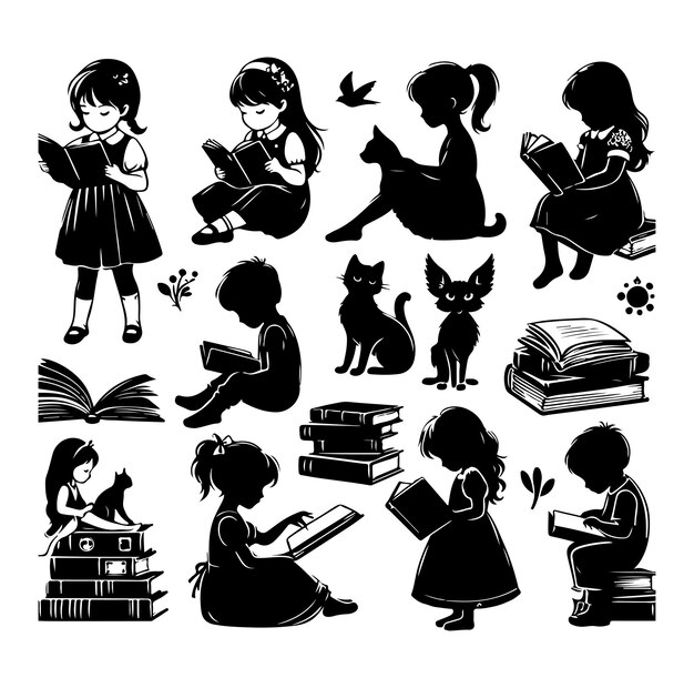 Vector a child reading book vector silhouette vector