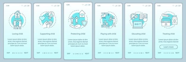 Child rights onboarding mobile app page screen vector template. Loving, supporting, protecting, treating. Walkthrough website steps with linear illustrations. UX, UI, GUI smartphone interface concept