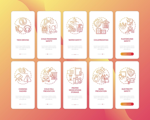 Child safety red onboarding mobile app page screen with concepts set