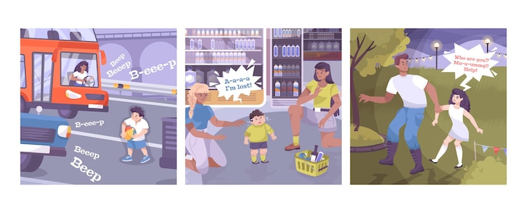 Vector child safety set of square compositions with children and adult characters in various potentially dangerous situations