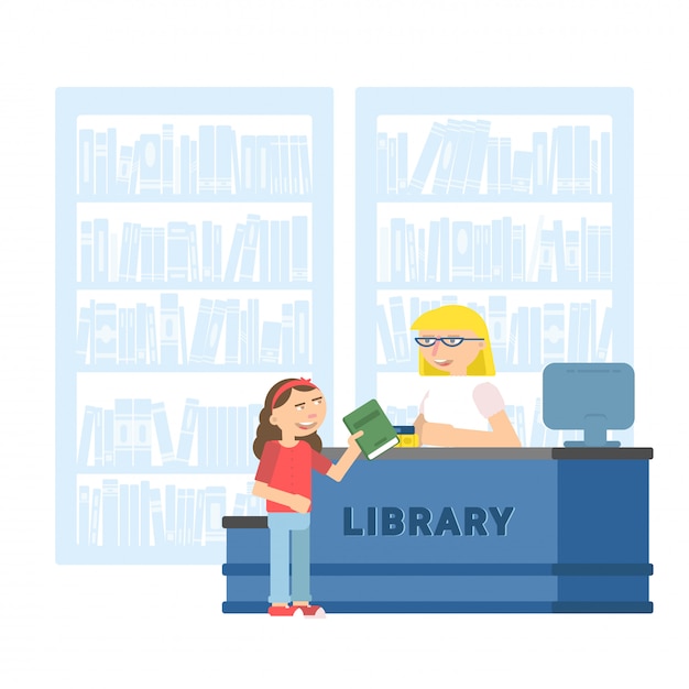 Vector child in school library flat illustration