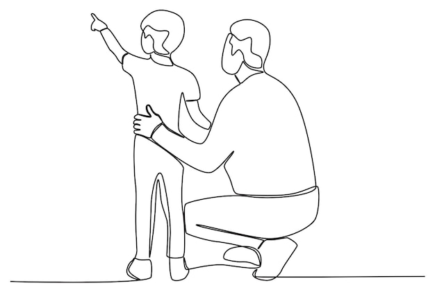 Un bambino mostra qualcosa a suo padre disegno a una linea per la festa del papà