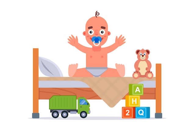 Child sits on a children bed bedroom for a child flat vector illustration