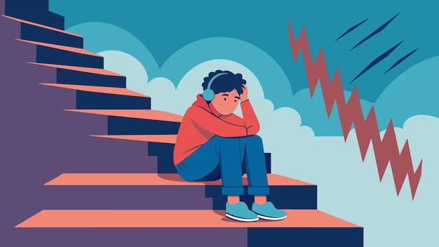 Vector a child sitting alone on a staircase hugging their knees and looking down with a sad and defeated