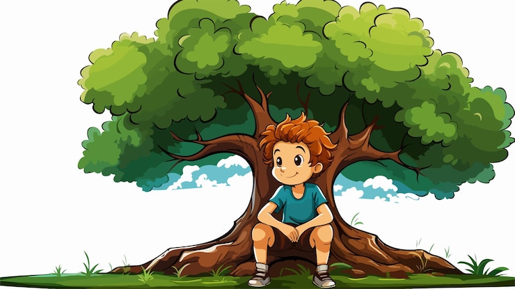 Vector child sitting by large tree illustration