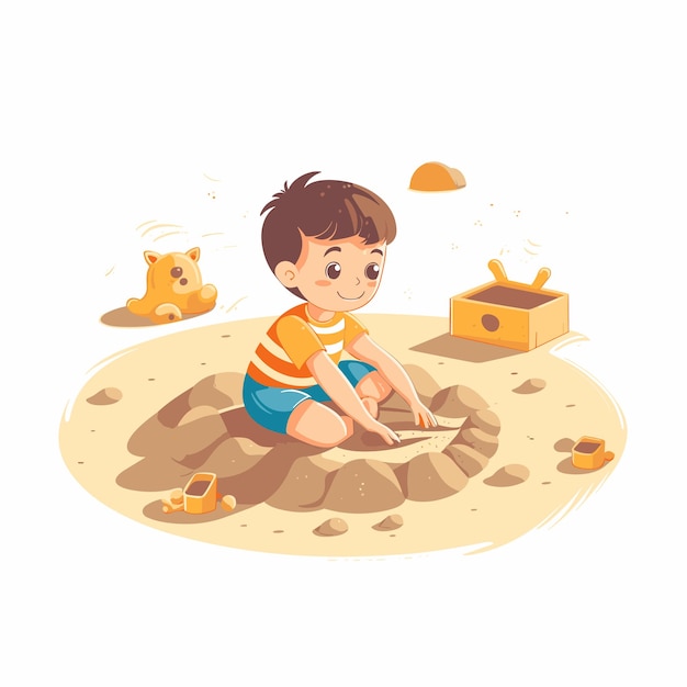 ベクトル 砂場に座っている子供が砂のおもちゃを使って砂で遊んでいます。ベクトル図