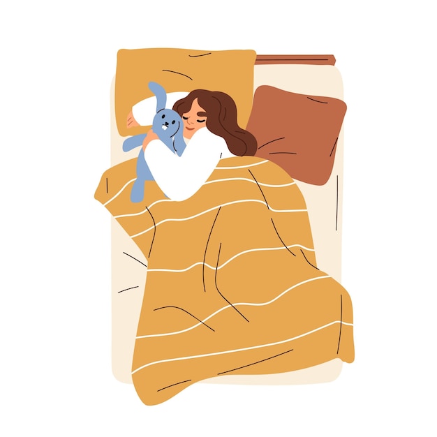 Ребенок спит, обнимая плюшевую игрушку. Сонный ребенок лежит в постели, держа кролика. Счастливая улыбающаяся девушка спит под одеялом, вид сверху. Плоская графическая векторная иллюстрация на белом фоне.