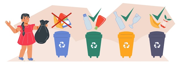 ベクトル 再利用とリサイクルのためにゴミを分別する子供たち 子供たちにゴミの分別を教える