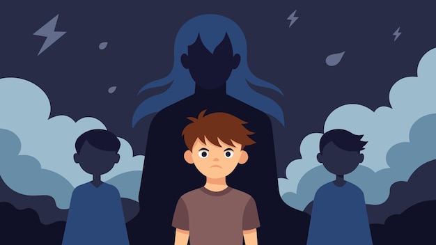 A child standing in front of a dark and stormy background with their parents faces looming over them