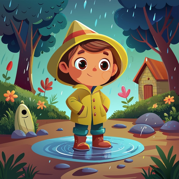 Vector a child stands in a puddle of water with a house in the background