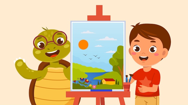 Child studying painting with teacher