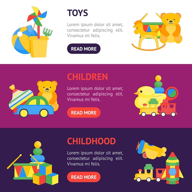 Child Toys Banner Horizontale Set voor Spelen en Onderwijs Baby. vector illustratie