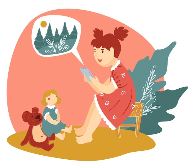 Ребенок с помощью смартфона читает сказки игрушкам. девушка разговаривает с плюшевым медведем и милой куклой. детский сад и досуг малышей. женский персонаж дошкольного возраста, играющий в доме, вектор в плоском стиле