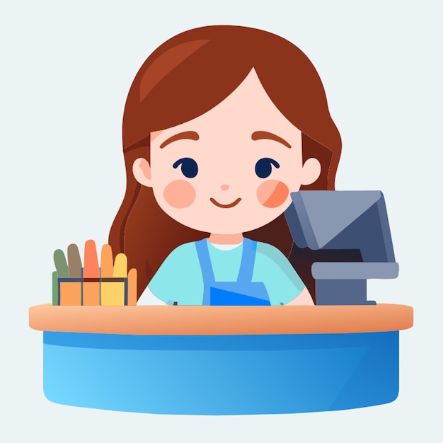 child wears like a saleswoman behind counter tablebrown haira cash register on the table vector