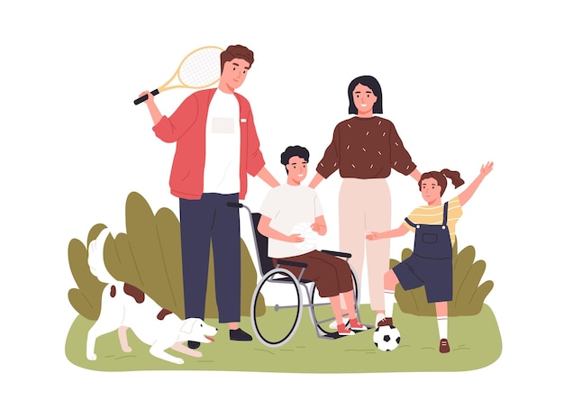 Child on wheelchair together with his family. sports activities\
for disabled people inclusion. handicapped boy on wheel chair.\
colored flat vector illustration isolated on white background.