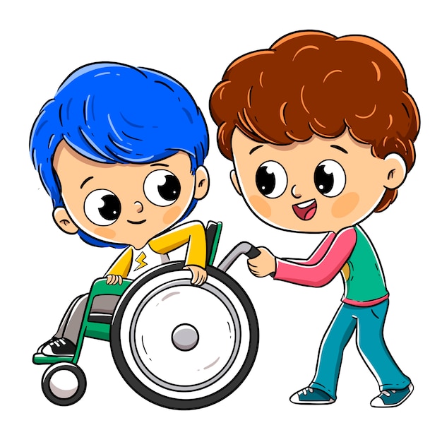 Child in a wheelchair with his friend or brother