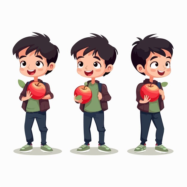 Child with apple in hand cartoon illustration young boy multipose